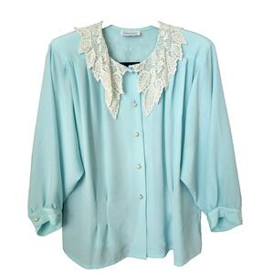 Vintage‎ Floral Lace Eyelet Shirt M 70's Renaissance Cottagecore Fairy Core